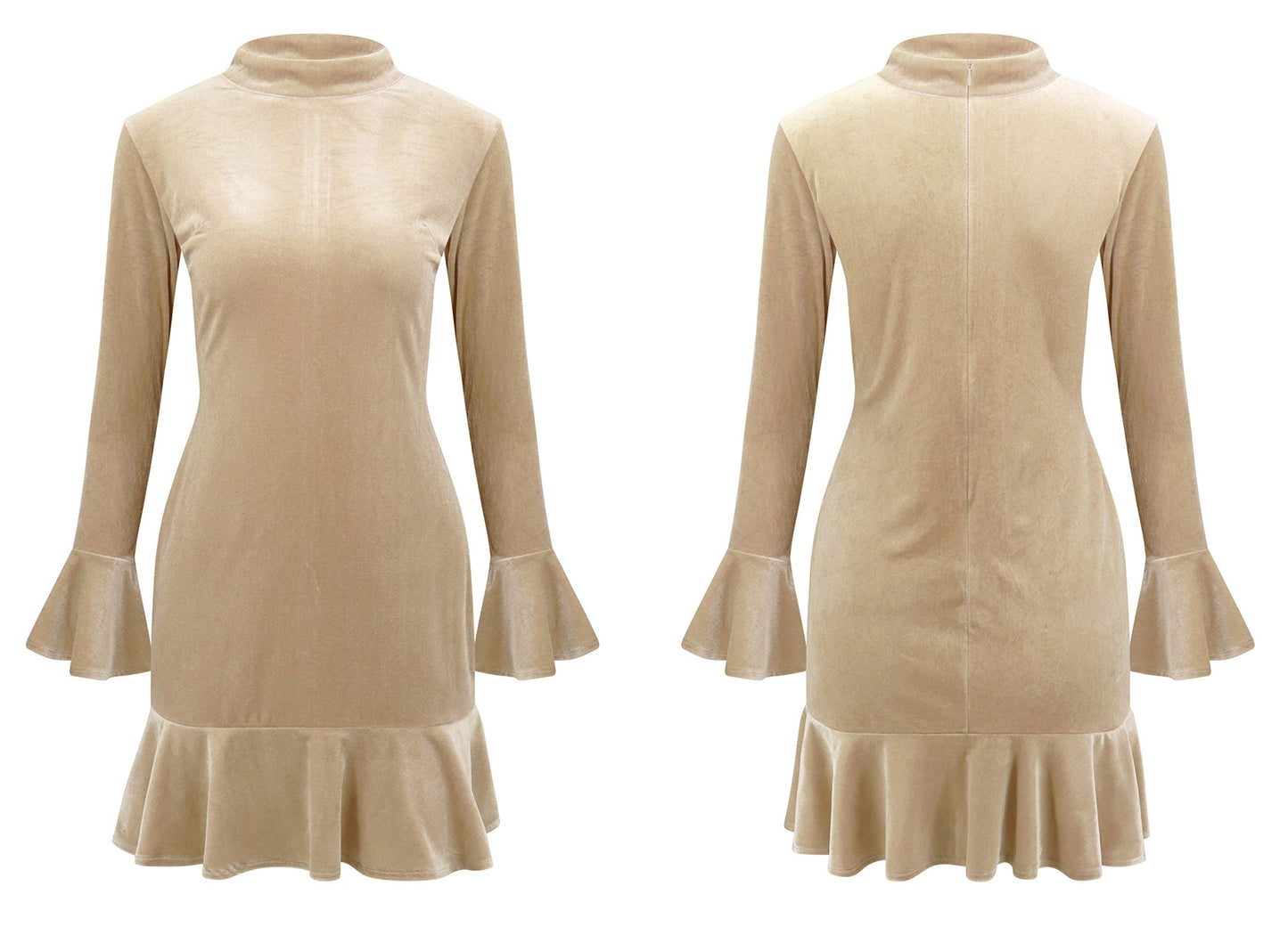 Women's Winter Long Sleeve Velvet Ruffles Bodycon Mini Dress (Small, Champagne)