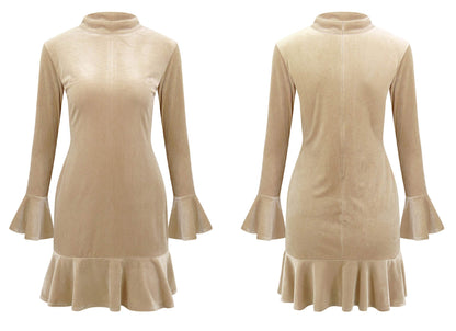 Women's Winter Long Sleeve Velvet Ruffles Bodycon Mini Dress (Small, Champagne)