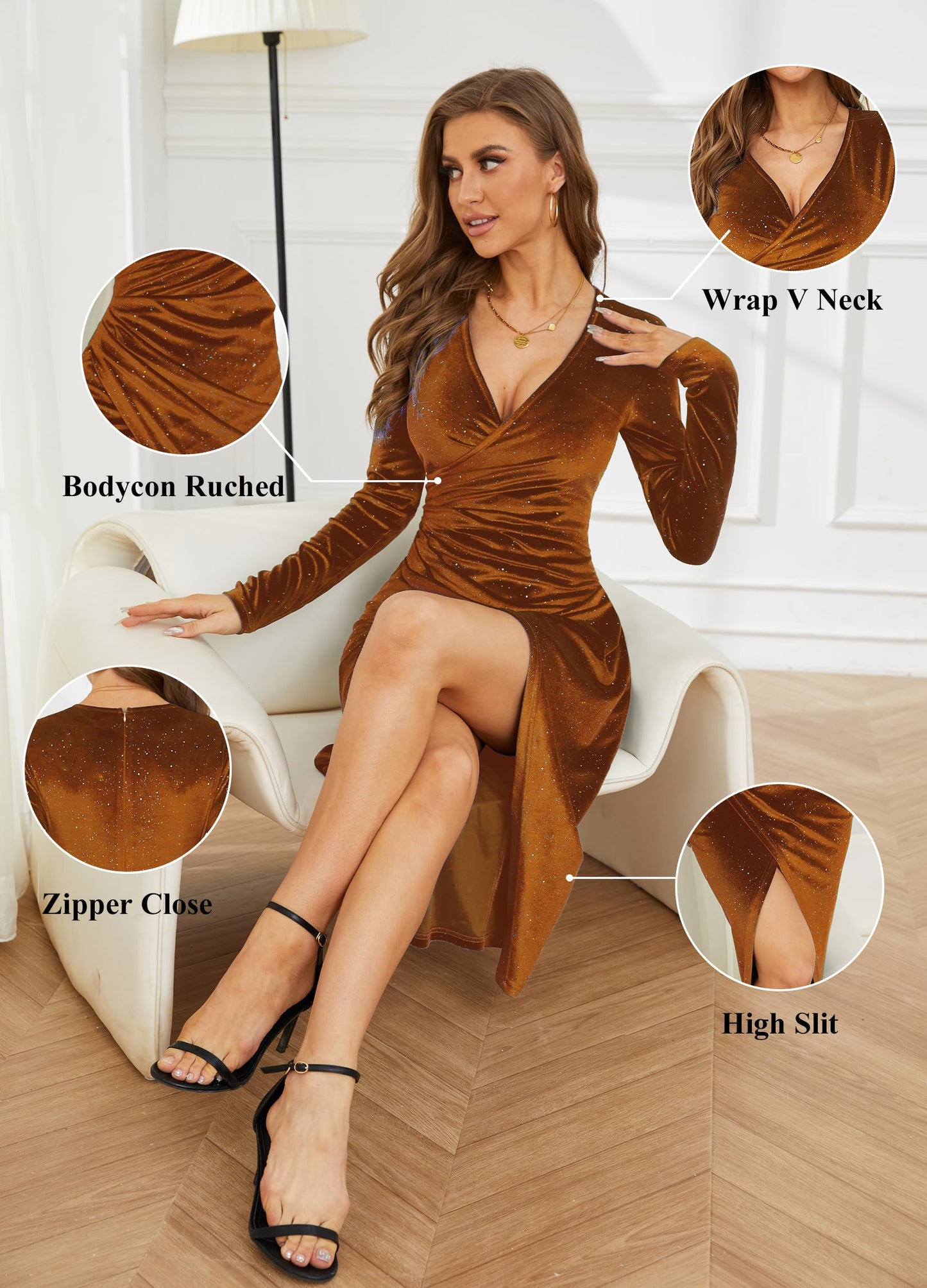 V Neck Long Sleeve Velvet Bodycon Midi Dress Glitter Ruched Formal Cocktail Party Dresses