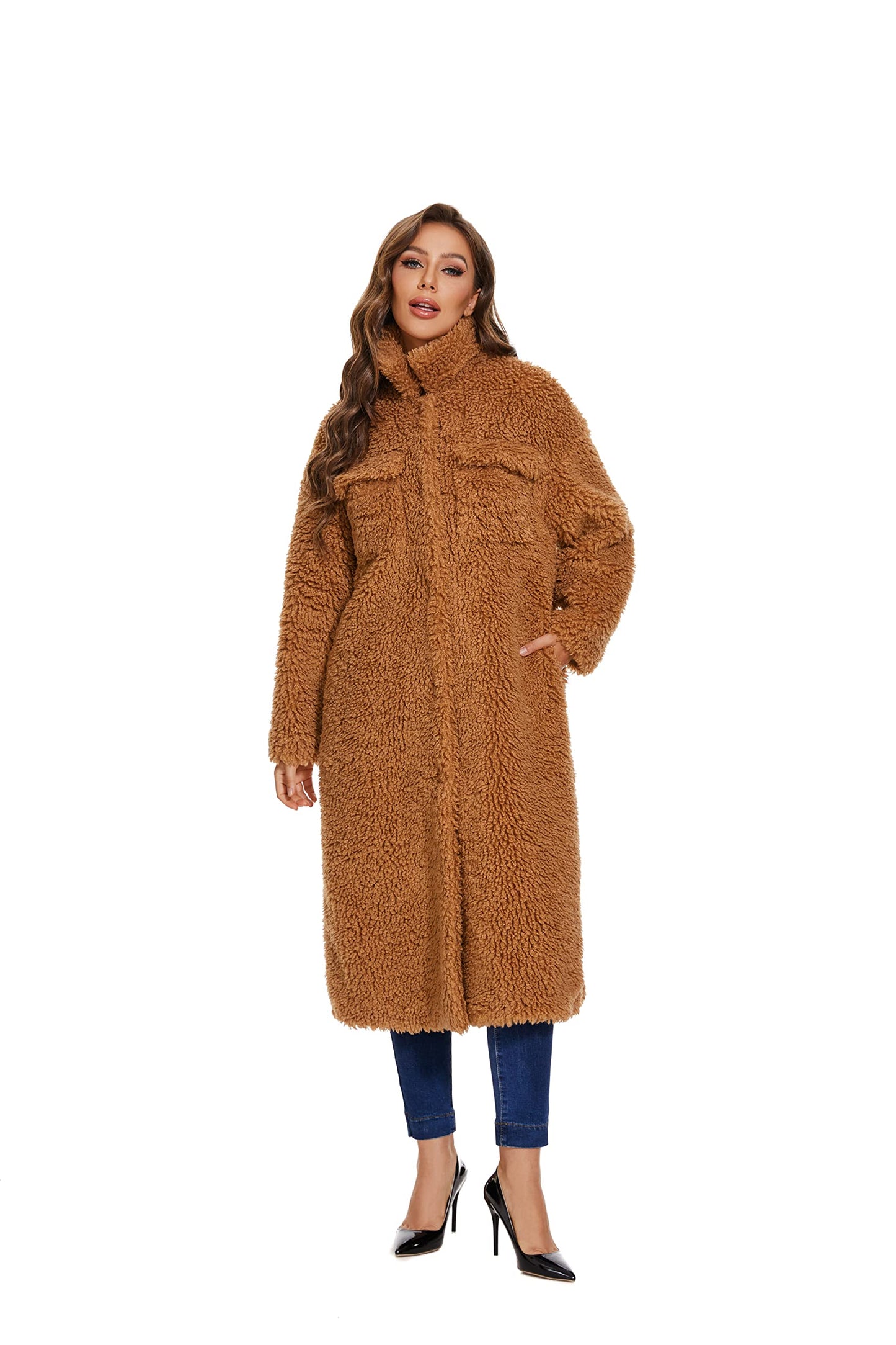 Women Faux Fur Warm Winter Outwear Jackets Fuzzy Fleece Lapel Open Front Pockets Long Cardigan Coat